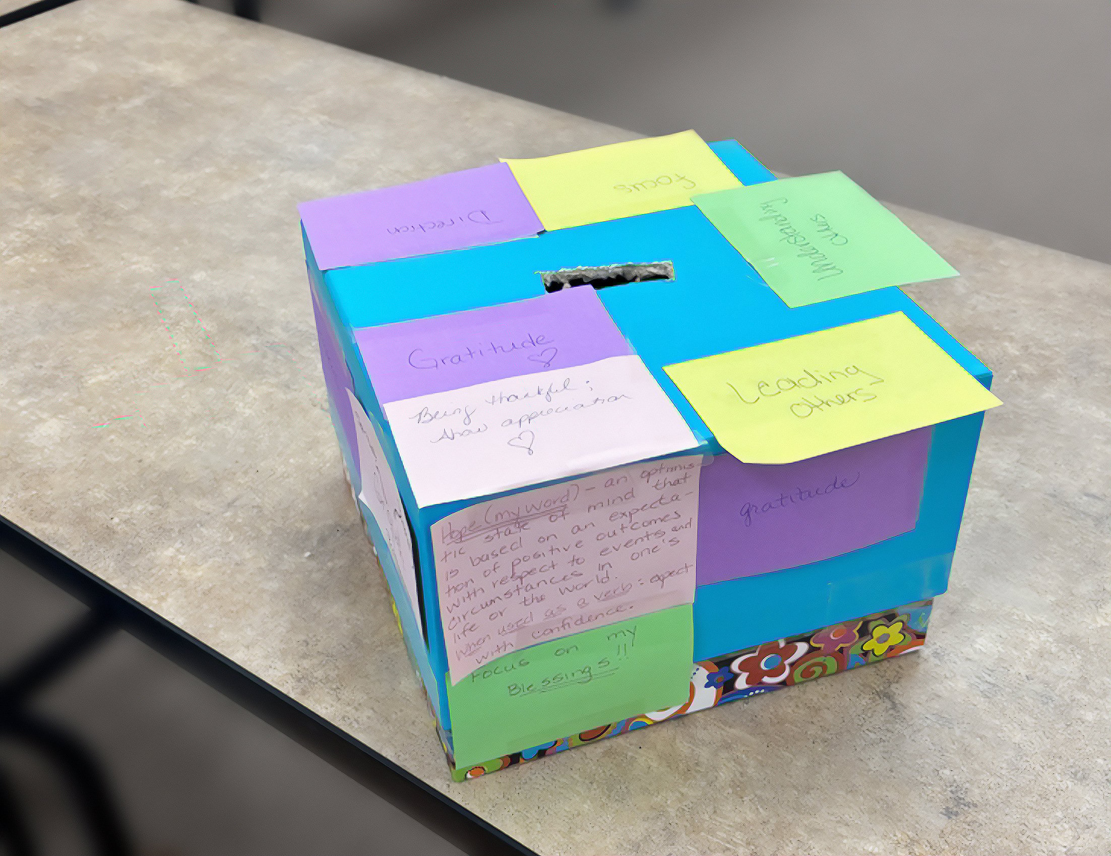 cube with words written on it.